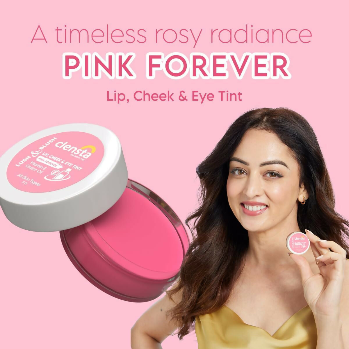Clensta Lip Cheek Tint - Pink Forever, with Goodness of Vitamin E & Castor Oil - Swadesiicart