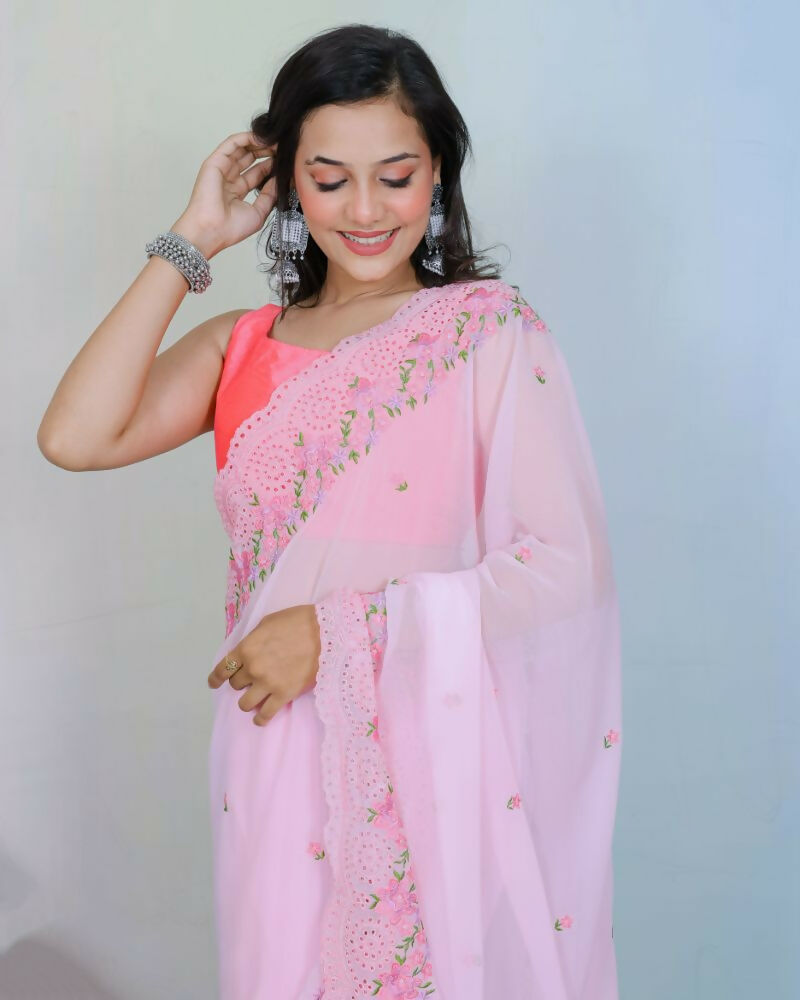 Vamsee Rashmika Baby Pink Georgette Saree - Swadesiicart