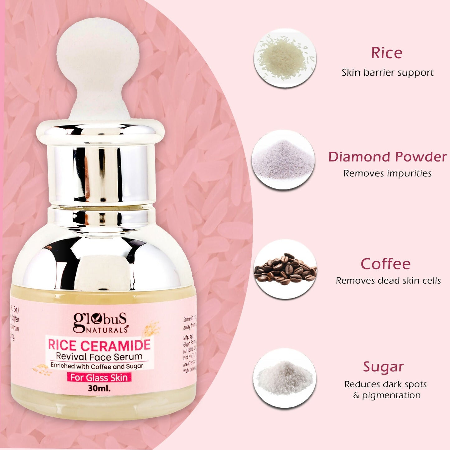 Globus Naturals Rice Ceramide Revival Face Serum, For Korean Glass Skin | Swadesiicart