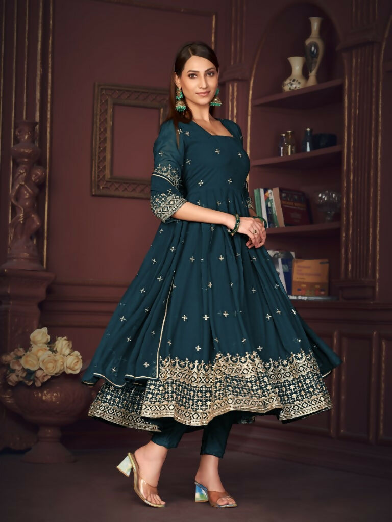 Jyoti Fashion Women's Rama Georgette Embroidered Anarkali Kurta Pant Set With Dupatta | Swadesiicart