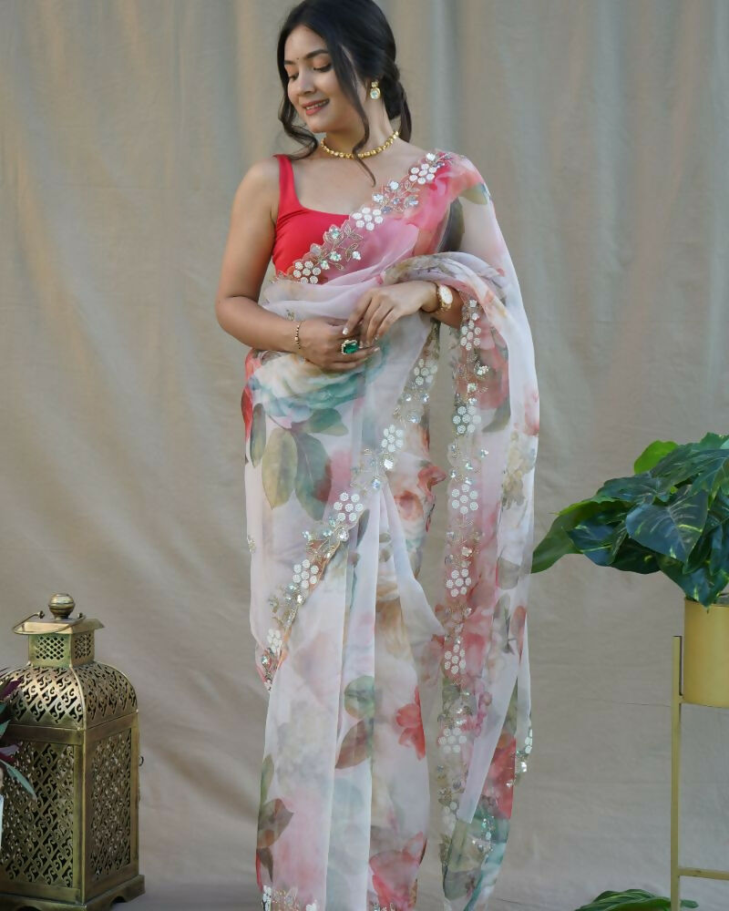Vamsee Sarangi White Organza Saree - Swadesiicart