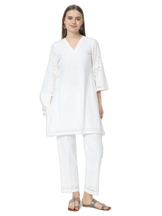 Fab Fashion White Chiken Kari Co-Ord Bell Sleeve V Neck Set - Swadesiicart