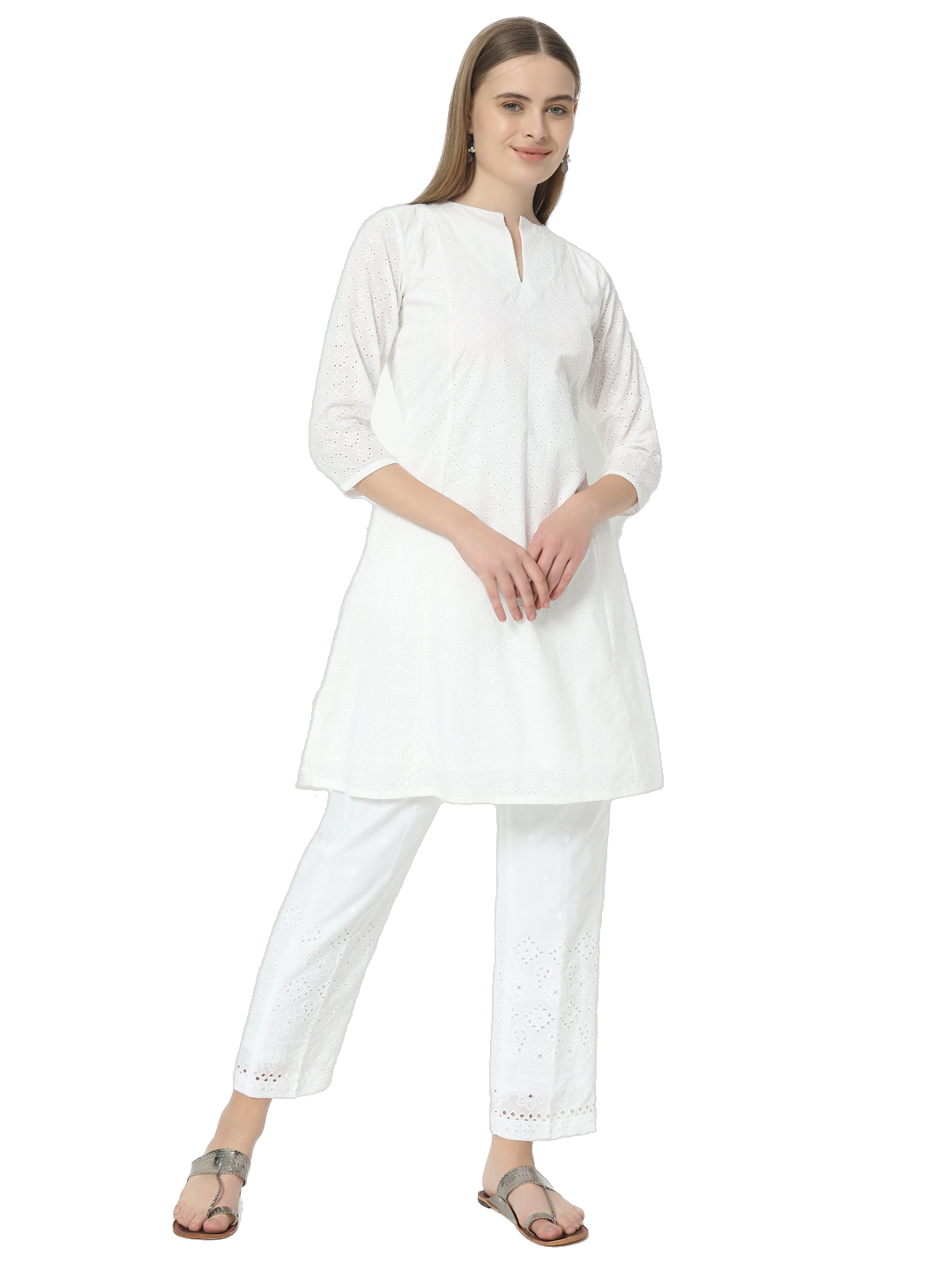 Fab Fashion Pannel White Chiken Kari Co-Ord Set With Round Cut Neck - Swadesiicart