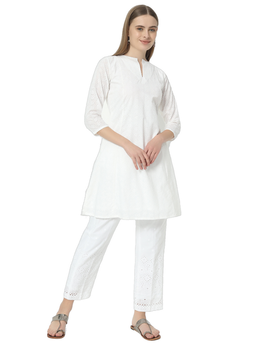 Fab Fashion Pannel White Chiken Kari Co-Ord Set With Round Cut Neck - Swadesiicart