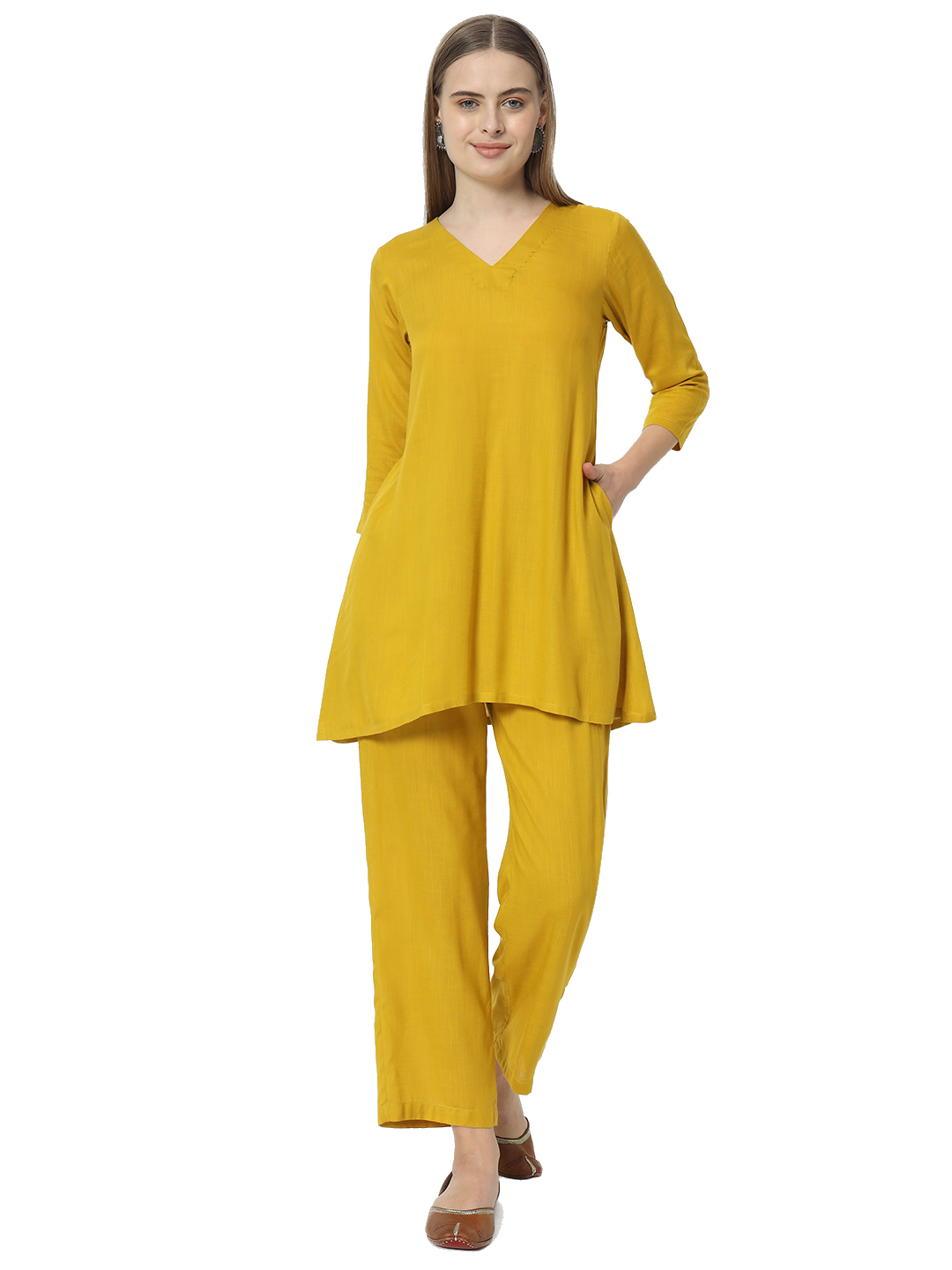 Fab Fashion Mustred Plain Pure Co-Ord Set - Swadesiicart