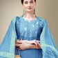 Jyoti Fashion Women's Sky Blue Cotton Blend Embroidery & Fancy Lace work Kurta with Trouser & Dupatta | Swadesiicart