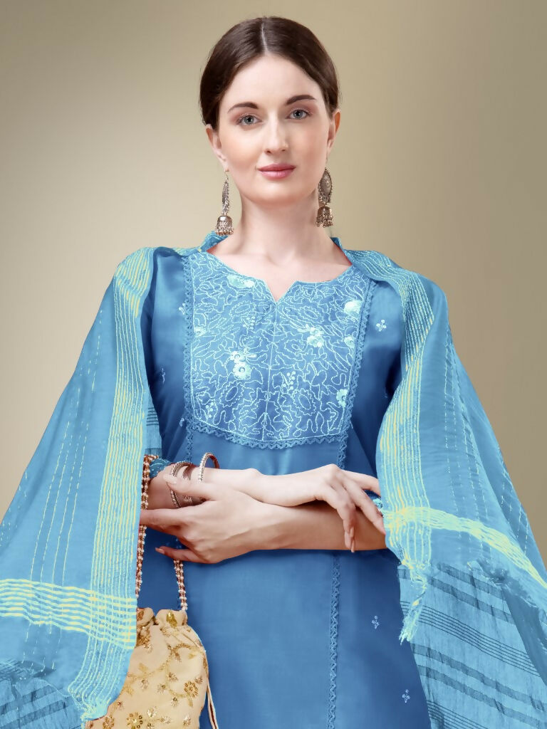 Jyoti Fashion Women's Sky Blue Cotton Blend Embroidery & Fancy Lace work Kurta with Trouser & Dupatta | Swadesiicart