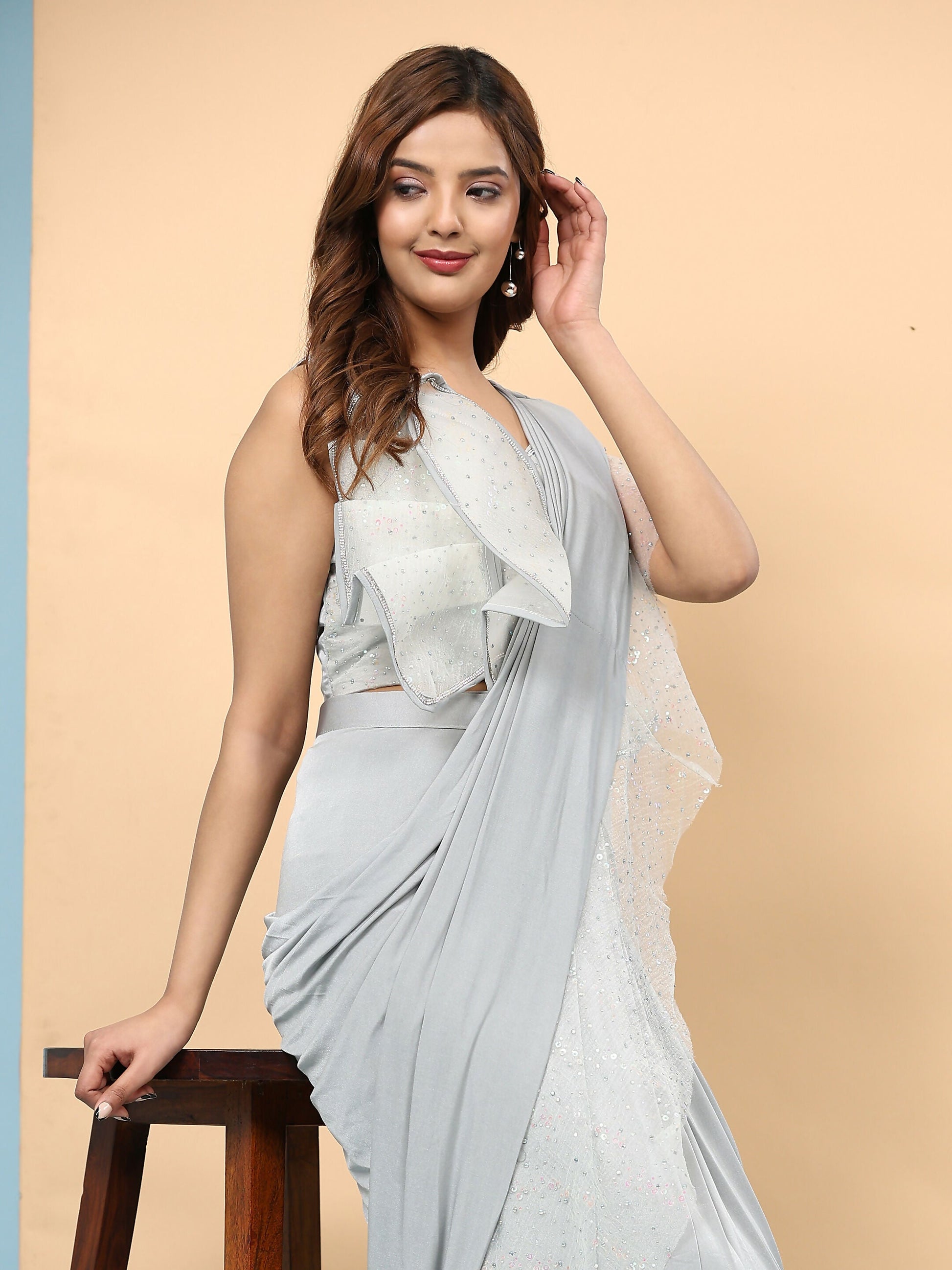 Light Grey Lycra Solid Ready to Wear Saree with stitched Blouse - Nita | Swadesiicart