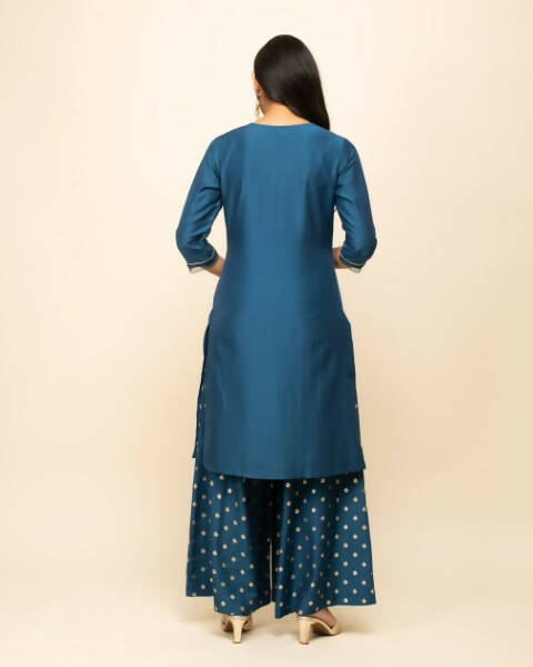 FIORRA Women's Teal Blue Silk Blend Straight Kurta Palazzo Set With Dupatta - Swadesiicart