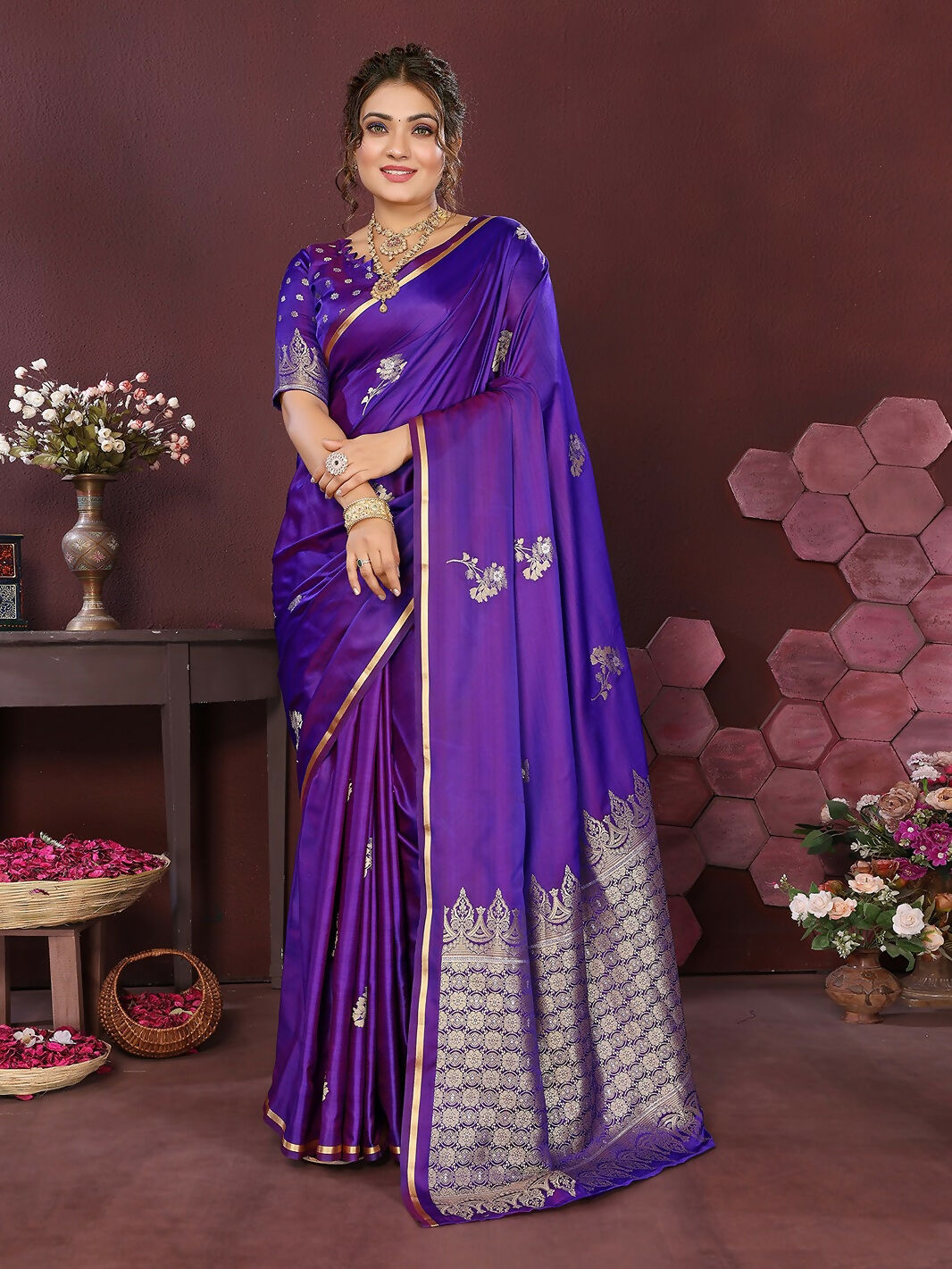 Joban Fashion Rich Purple Floral Banarasi Silk Sarees | Swadesiicart