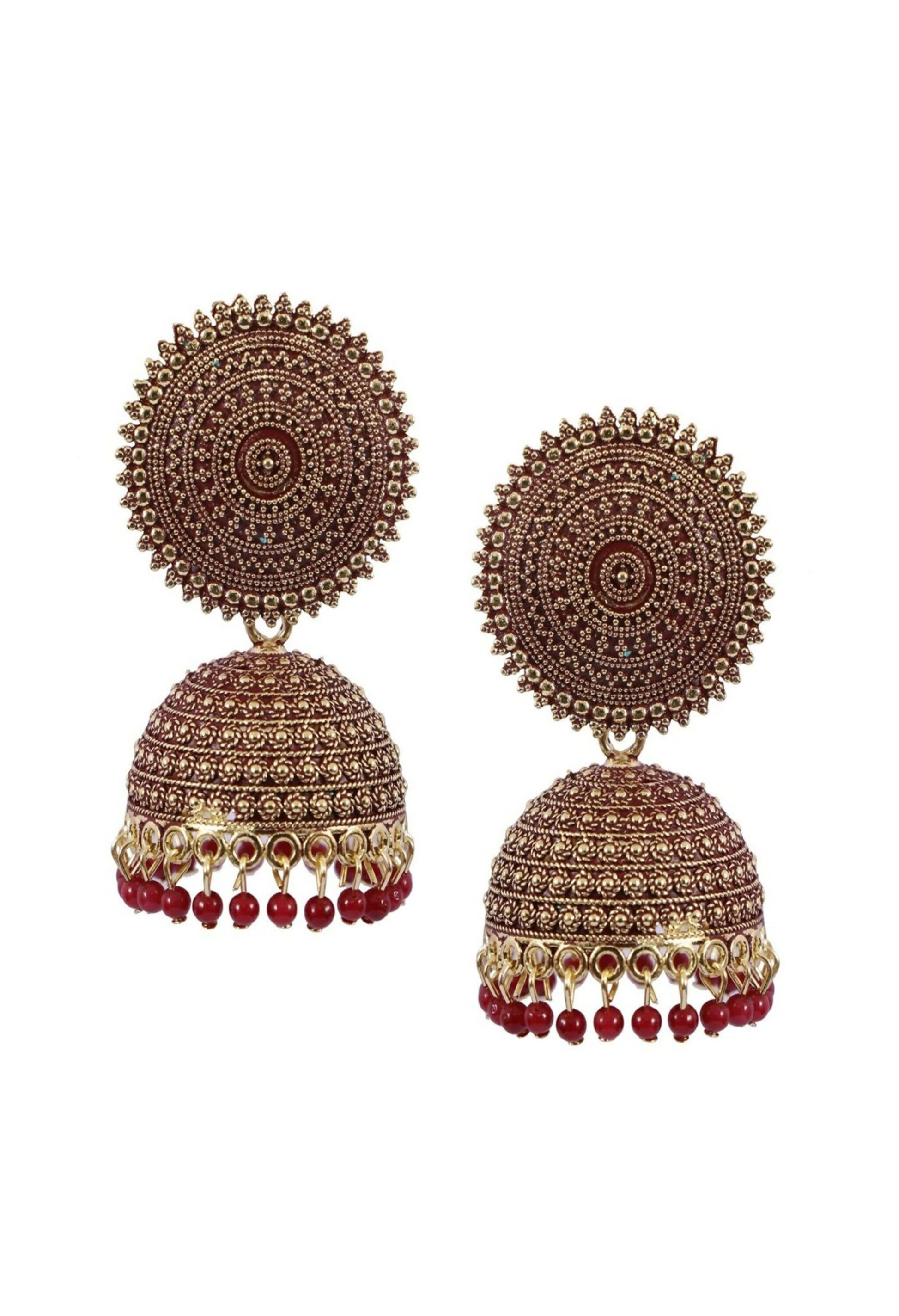 Mominos Fashion Joharkamal Gold-Polished Meenakari Jhumkas For Women & Girls (Maroon) - Mominos Fashion