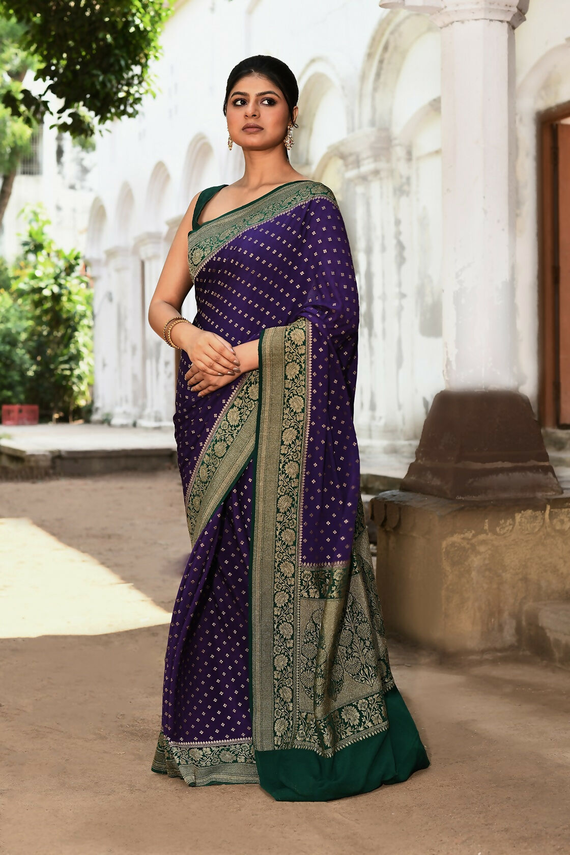 Joban Fashion Purple Crepe Chiffon Pure Handloom Banarasi Silk Saree | Swadesiicart
