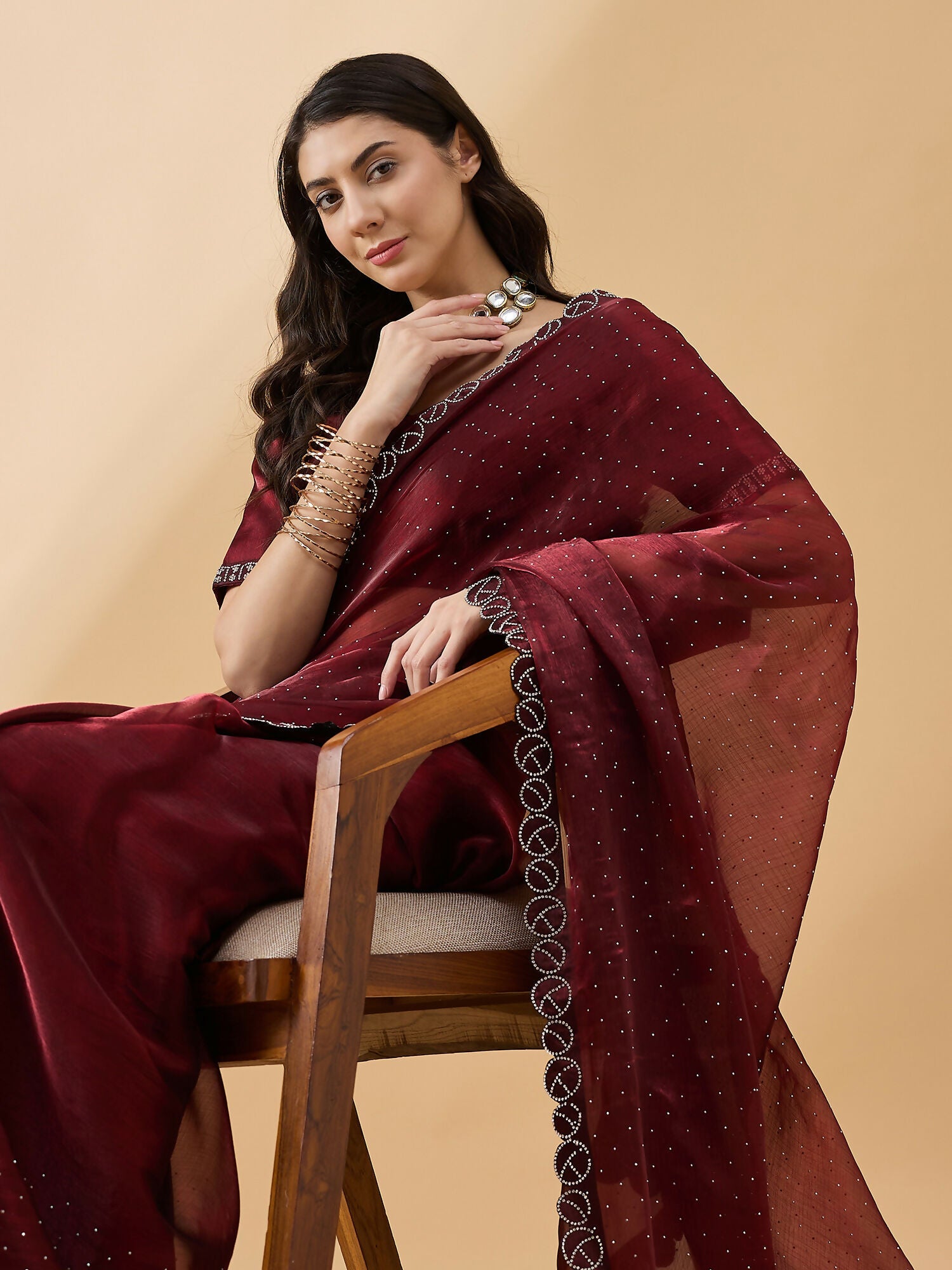 Brown Organza Swaroski Diamond Work Saree with Unstitched Blouse - Radha