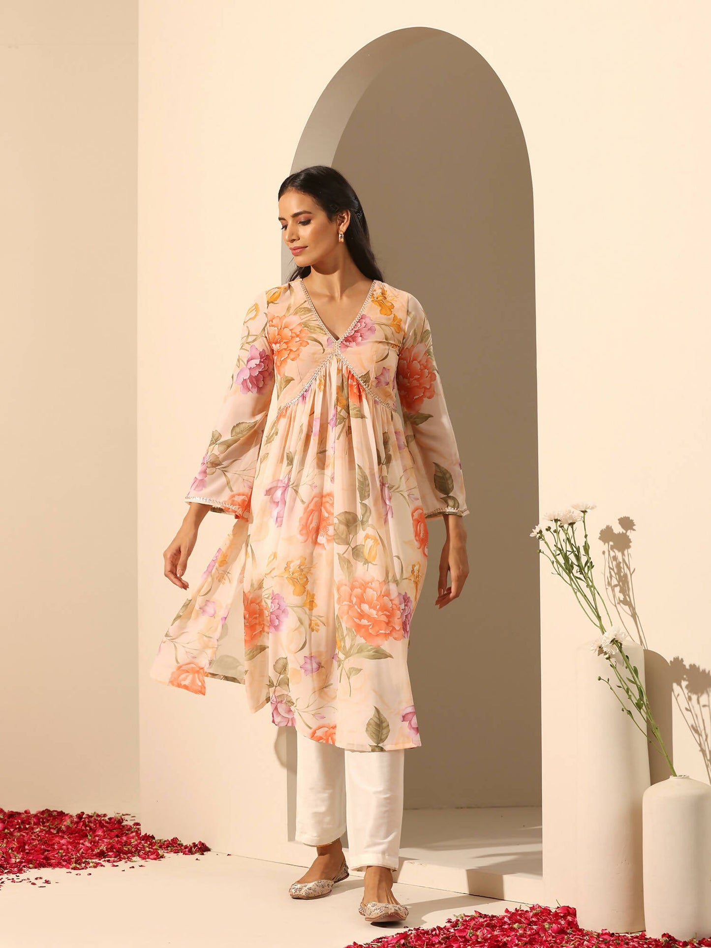 Pomcha Jaipur Peach Gul Ruhani Suit Set | Swadesiicart