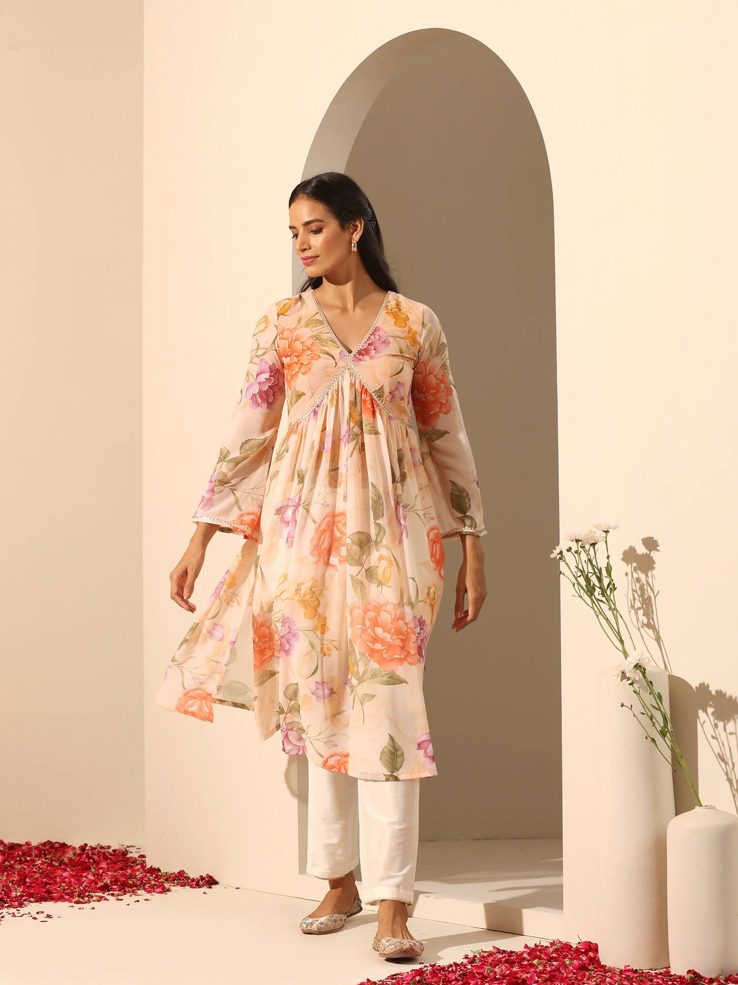 Pomcha Jaipur Peach Gul Ruhani Suit Set | Swadesiicart
