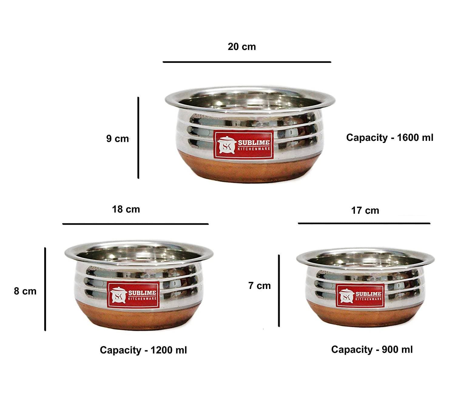Sublime Kitchenware Set of 3 Stainless Steel Copper Bottom Handi with Lid - Swadesiicart