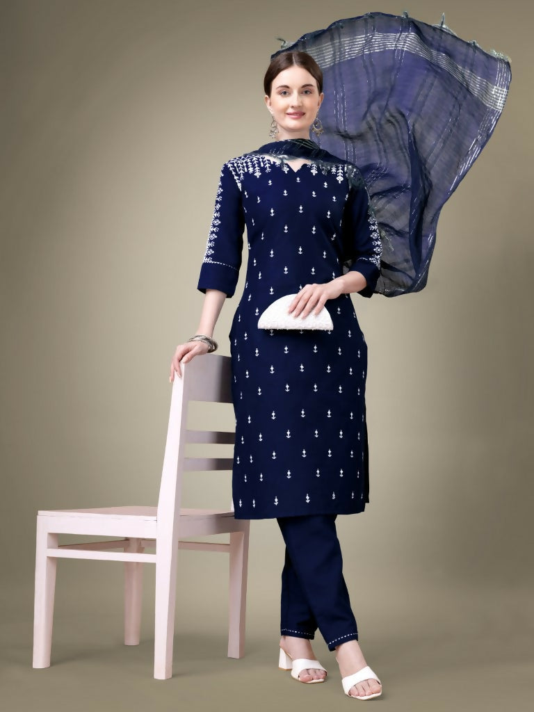 Jyoti Fashion Women's Navy Blue Cotton Blend Embroidery & Sequence work Kurta with Trouser & Dupatta | Swadesiicart