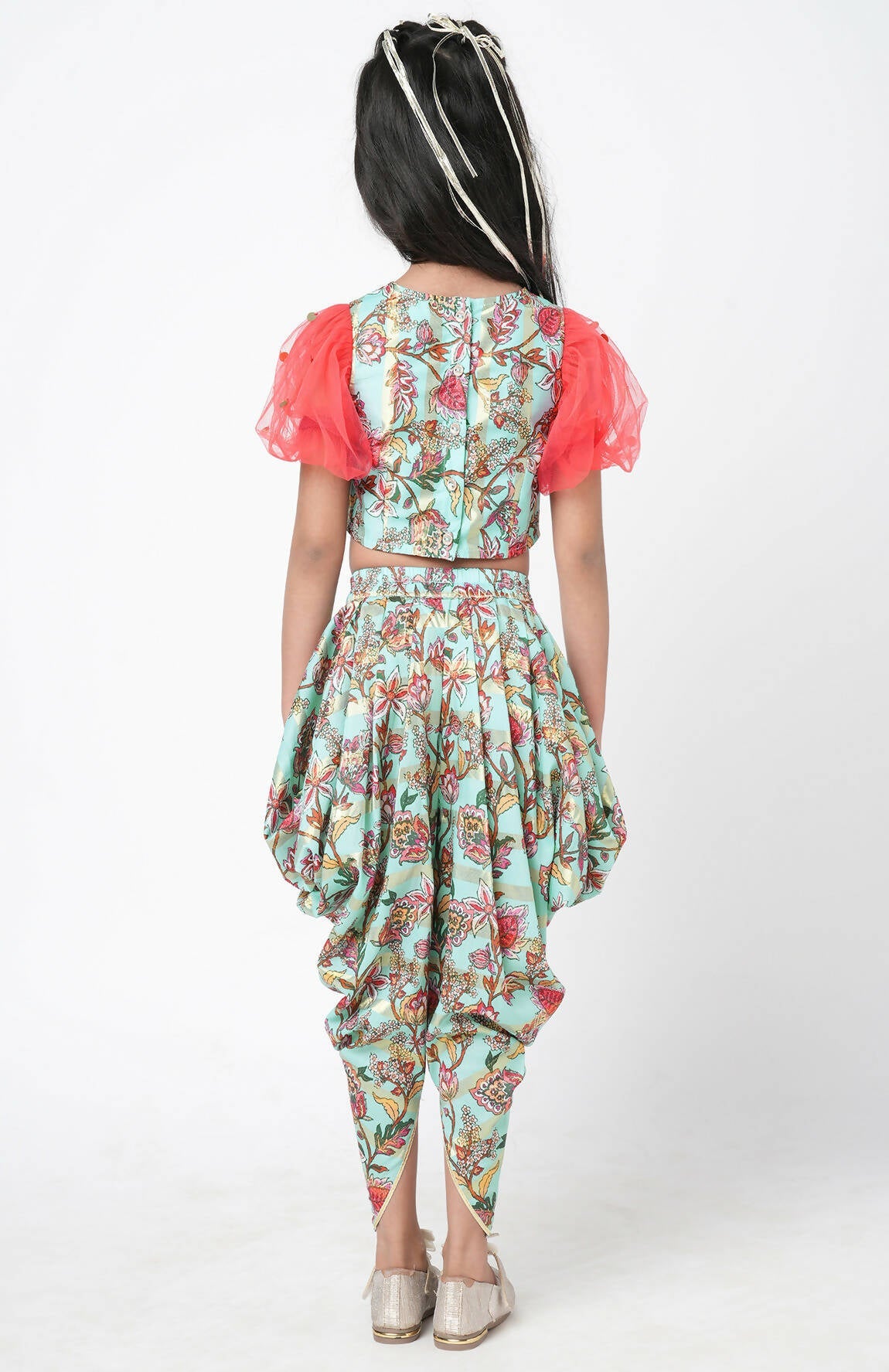 Lil Drama Golden Weaves Blue Crop Top With Dhoti Co-Ordinate Set - Swadesiicart