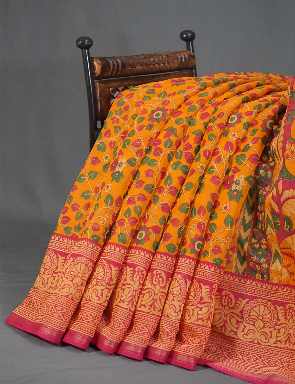 Shades Of Yellow Kalamkaari Design Semi Chanderi Saree With Contrast Blouse By Gayathri Reddy Designer Studio | Swadesiicart