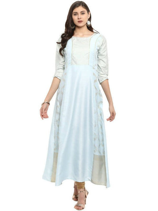Ahalyaa Women Blue & Silver-Coloured Yoke Design A-Line Kurta | Swadesiicart