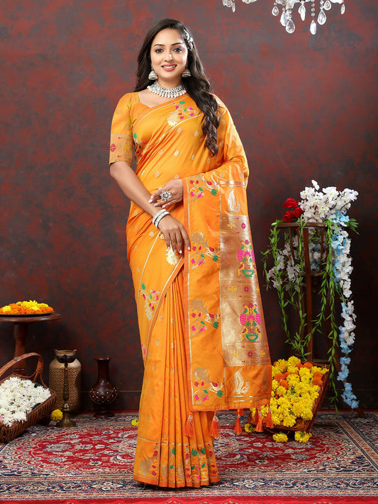 Lorenvalley Fashion Orange Soft Paithani Silk Woven Design Gold Zari Meenakari Weaving Saree - Swadesiicart