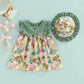 Bold N Elegant Cotton Floral Printed Ruffle Sleeve Princess Dress Frock With Fabric Hat Cap - Green
