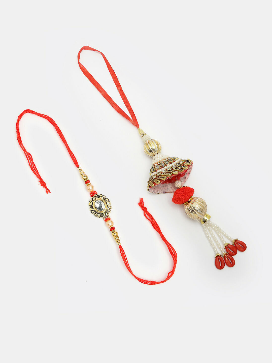 NVR Women & Men Set of 2 Gold & Red Kundan-Studded Bhaiya Bhabhi Rakhi With Roli Chawal | Swadesiicart