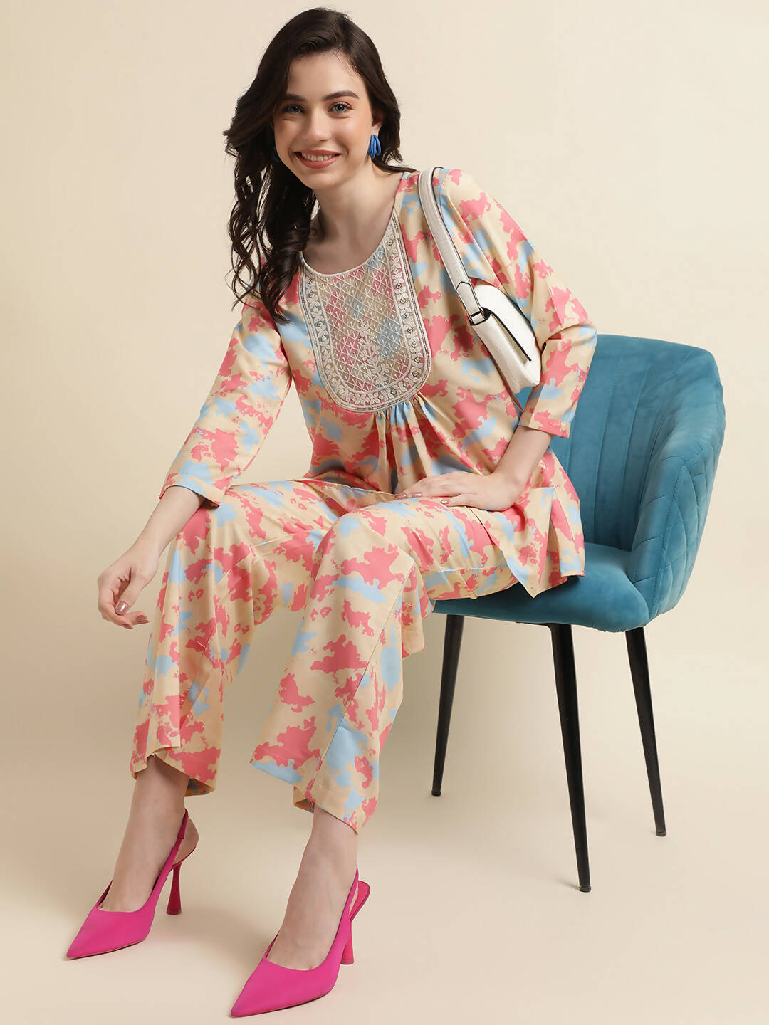 Beige & Pink Poly Crepe Digital Printed Top with Matching Bottom - Preeti