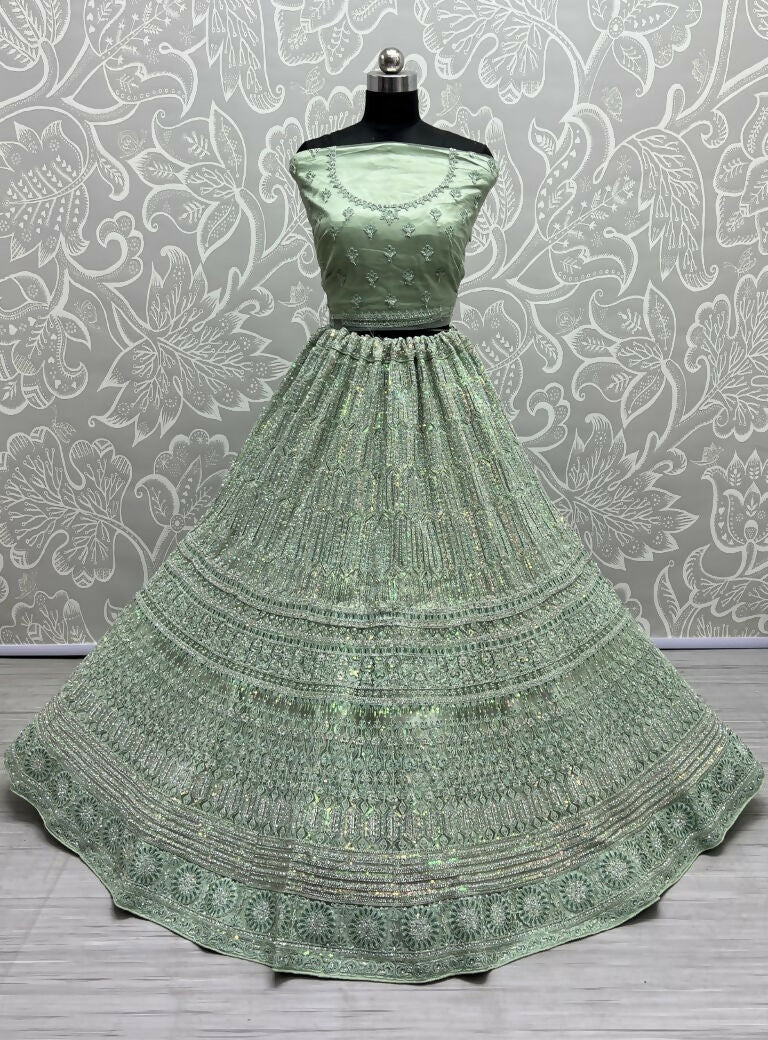 Jyoti Fashion Women's Pista Green Heavy Net Fancy Dori, Multi Thread, Rainbow Sequins and Diamond Work Wedding Lehenga Choli | Swadesiicart