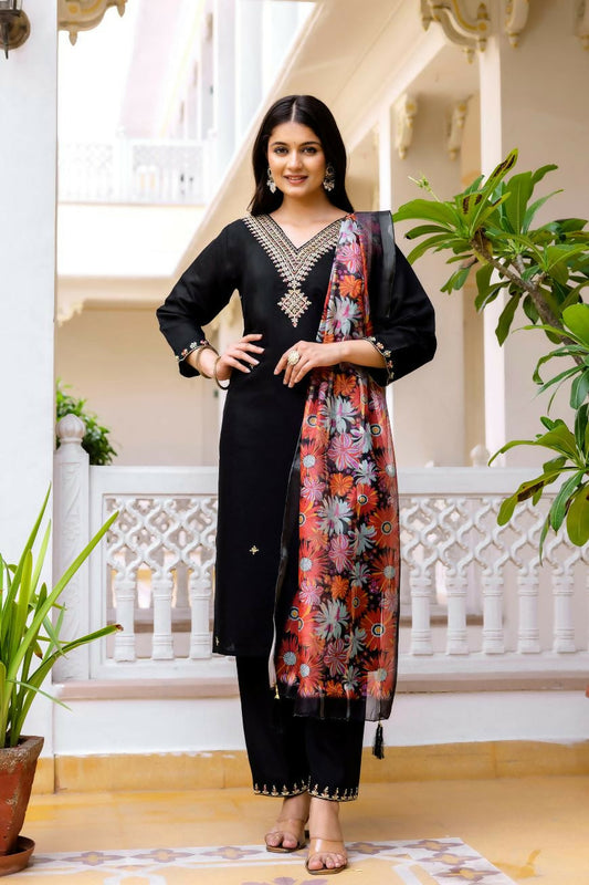 The52 Black Women's Beautiful Viscose Chanderi Fabric Embroidered Work Straight Kurta Pant and Dupatta Set - Swadesiicart