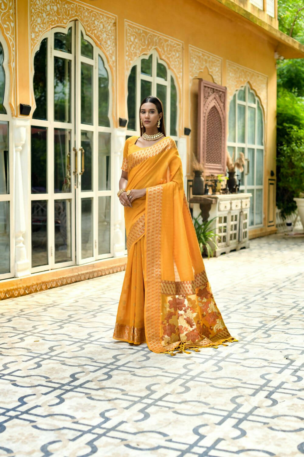 Vishnu Weaves Women's Yellow Cotton Silk Zari Woven Butta Work Saree with Blouse - Swadesiicart
