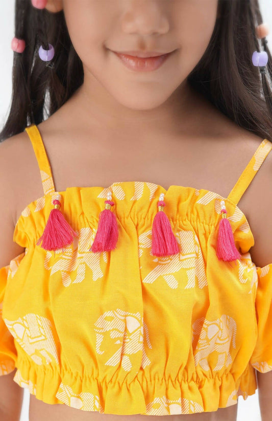 Lil Drama Trunk Tales Girls Yellow Crop Top With Pants Co-Ordinate Set - Swadesiicart