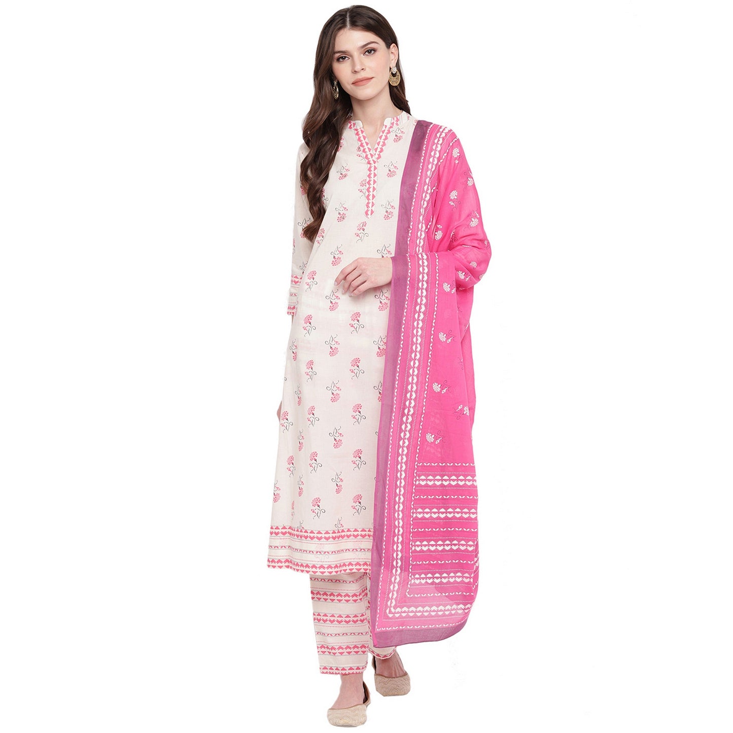 NOZ2TOZ Women White cotton kurta With palazzo & Dupatta (3 Pc Set) - Noz2Toz