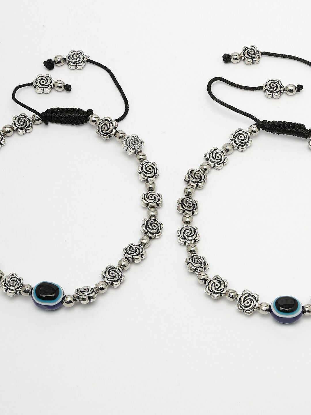 NVR Women's Evil Eye Black Silver Plated Adjustable Anklets | Swadesiicart
