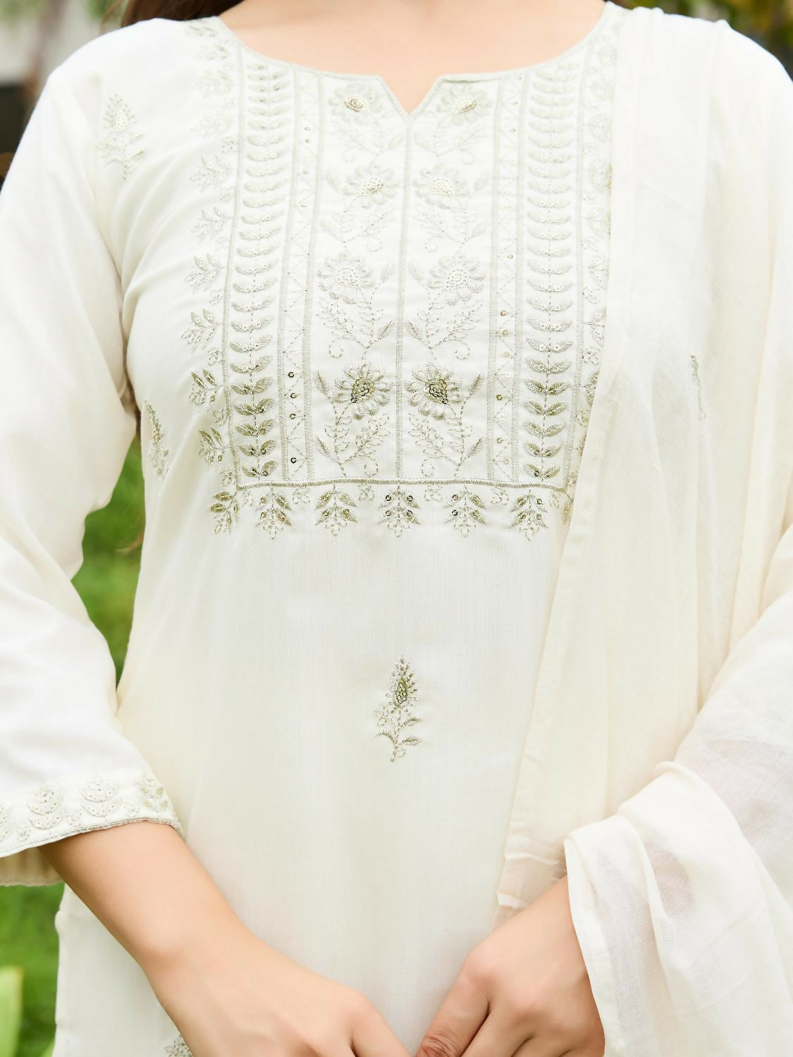 The52 White Women's Beautiful Rayon Slub Fabric Embroidered Work Straight Kurta, Pant and Dupatta Set - Swadesiicart