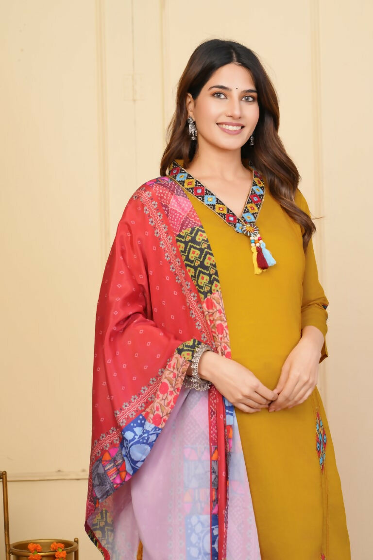 Mustered Viscose Chanderi Embroidered Stitched Suit With Dupatta - Tanisha | Swadesiicart