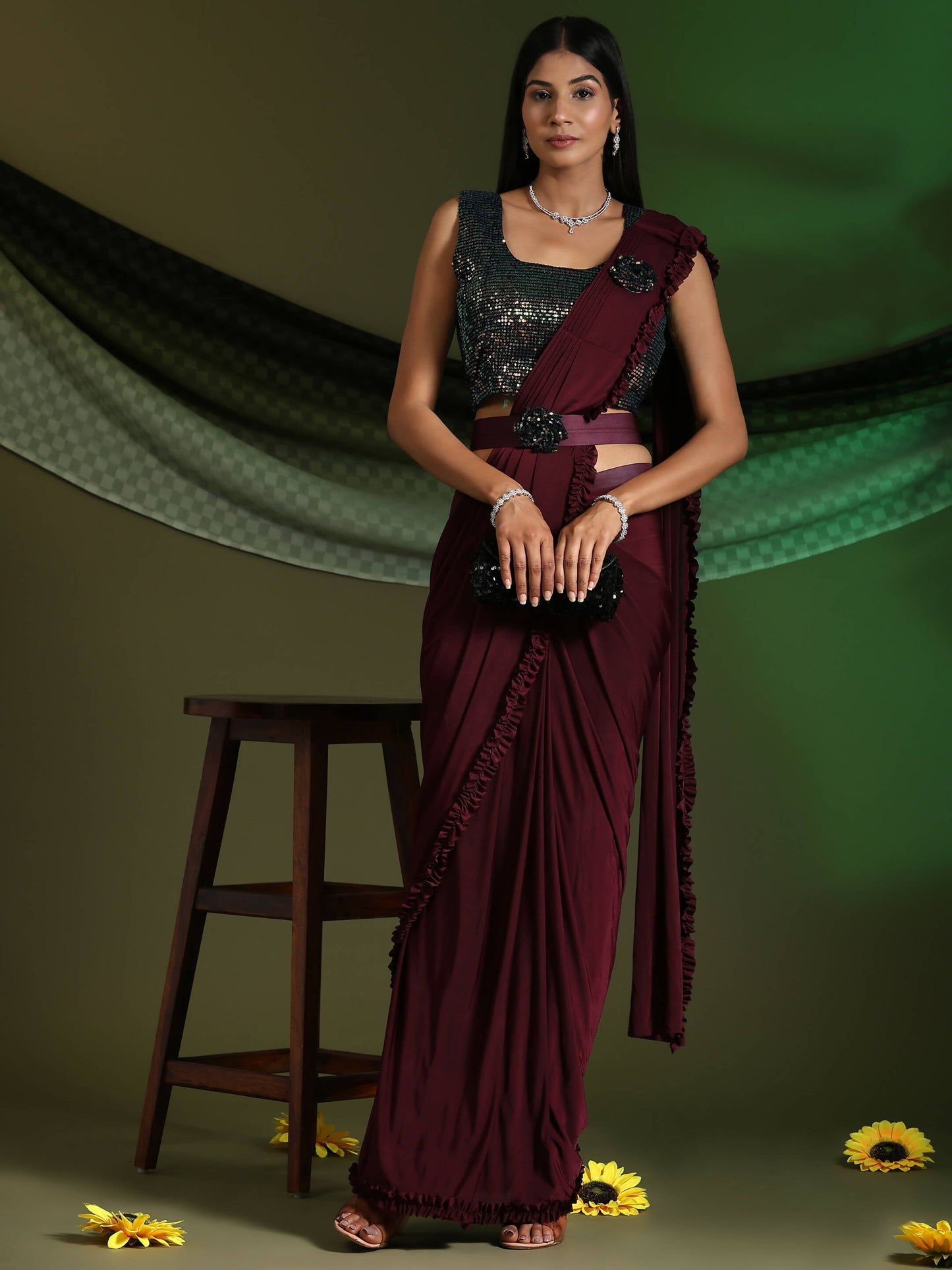 Maroon Imported Fabric Plain Ready to wear Saree with stitched Blouse - Vrinda | Swadesiicart