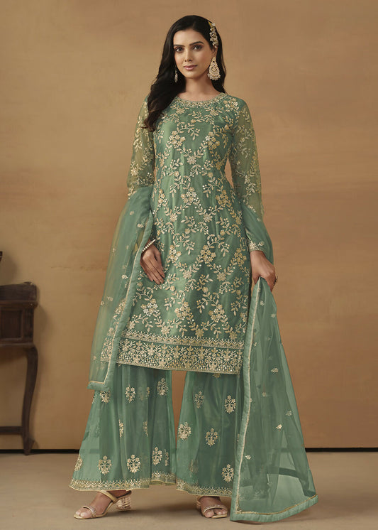 Sea Green Net Embroidered Wedding Festive Gharara Suit - Emponline | Swadesiicart