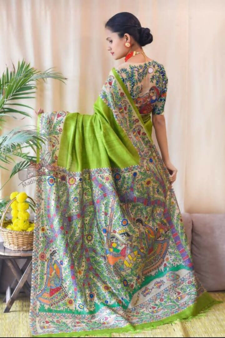 Exclusive Collection Light Green Beautiful Khadi Ghicha Handloom Saree - Swadesiicart
