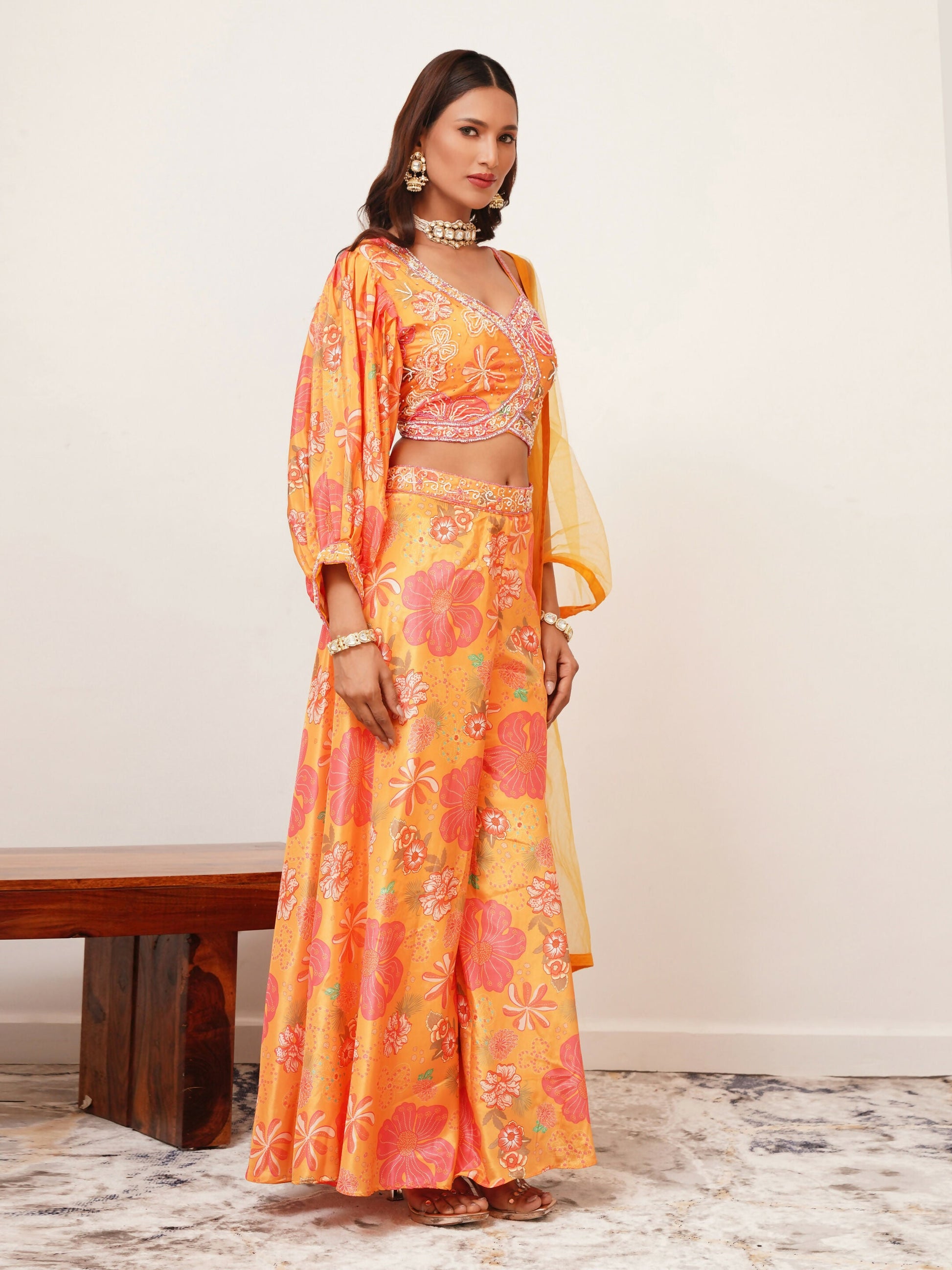 Orange Digital Chinon Handwork Top with Palazzo & Dupatta - Naomika - Swadesiicart