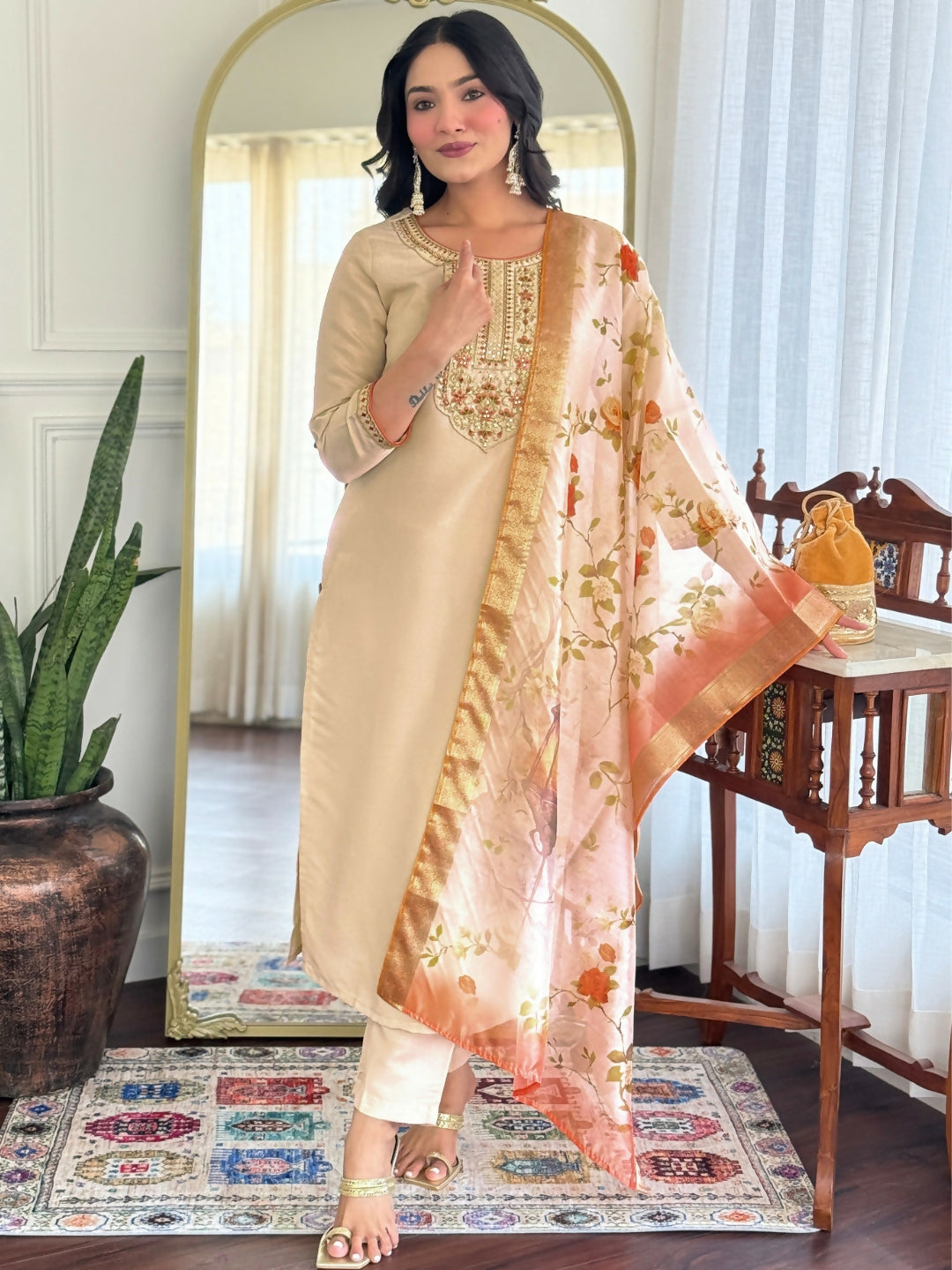 The52 Chiku Women's Beautiful Rayon Fabric Embroidered Work Straight Kurta Pant and Dupatta Set - Swadesiicart