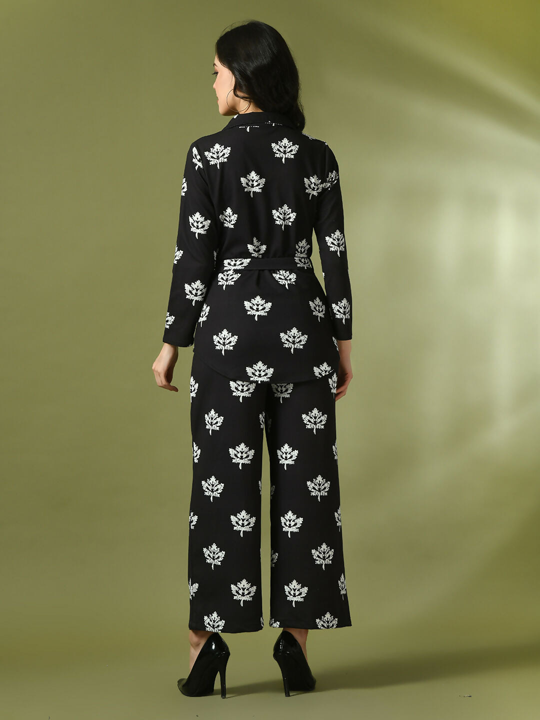 Myshka Women's Black Printed Polo Collar Party Top With Trousers Co-ord set - Swadesiicart