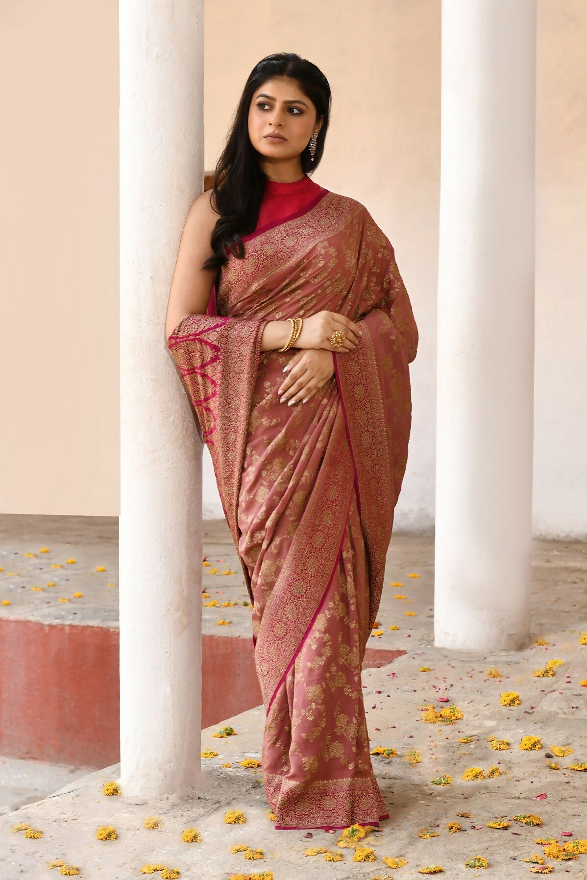 Joban Fashion Rouge Pink Crepe Chiffon Pure Handloom Banarasi Silk Saree | Swadesiicart