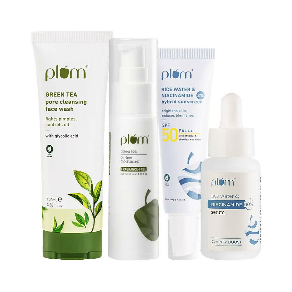 Plum Clear Skin CSMS (Cleanser, Serum, Moisturizer, Sunscreen) Combo With Green Tea & Niacinamide | Swadesiicart