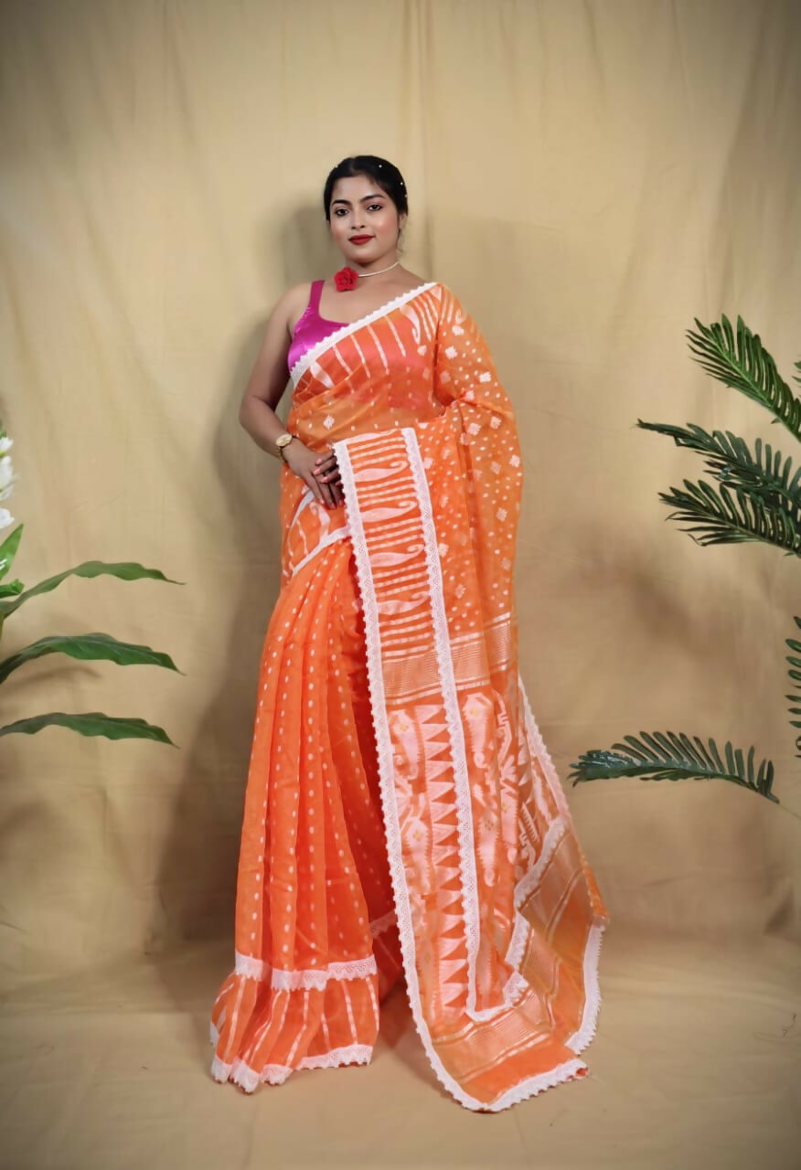 Exclusive Collection Beautiful Orange Jaal Jamdani Saree - Swadesiicart