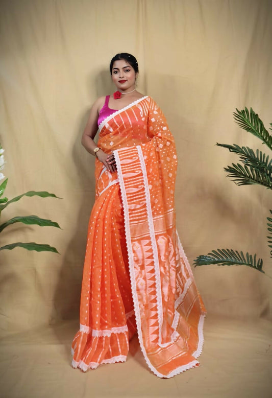 Exclusive Collection Beautiful Orange Jaal Jamdani Saree - Swadesiicart