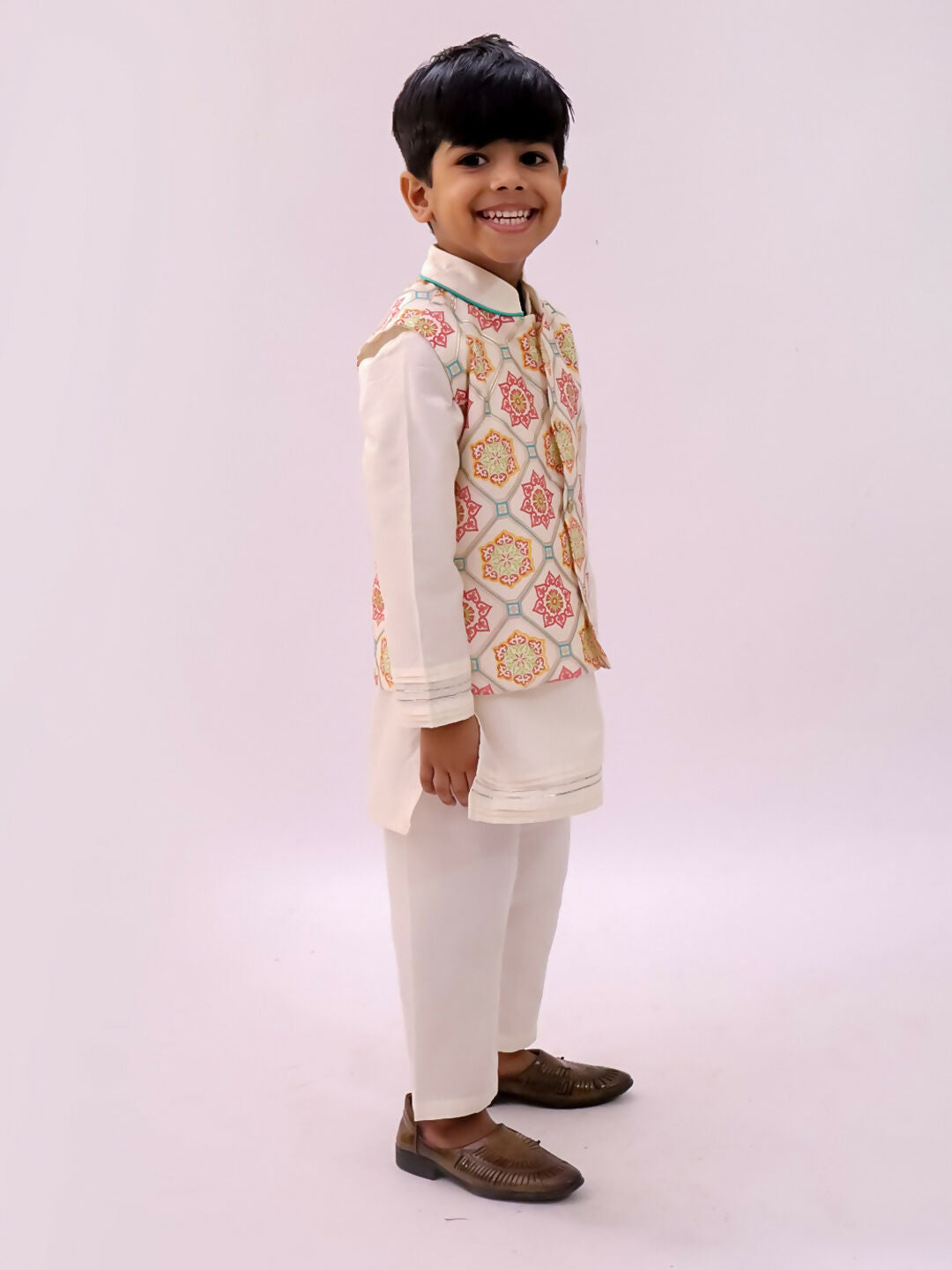 Lil Drama Mishti White Kurta Pyjama and Jacket For Boys | Swadesiicart