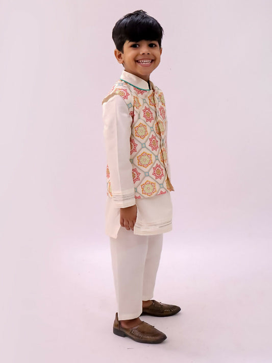 Lil Drama Mishti White Kurta Pyjama and Jacket For Boys | Swadesiicart