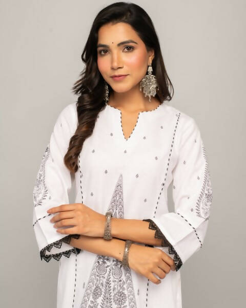 Indian Clothing FIORRA Women's White Cotton Straight Kurta Palazzo Set - Swadesiicart