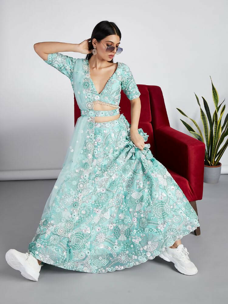 House of Panchhi Turquoise Blue Organza Sequins, Zarkan And Thread Embroidery Lehenga Choli & Dupatta | Swadesiicart